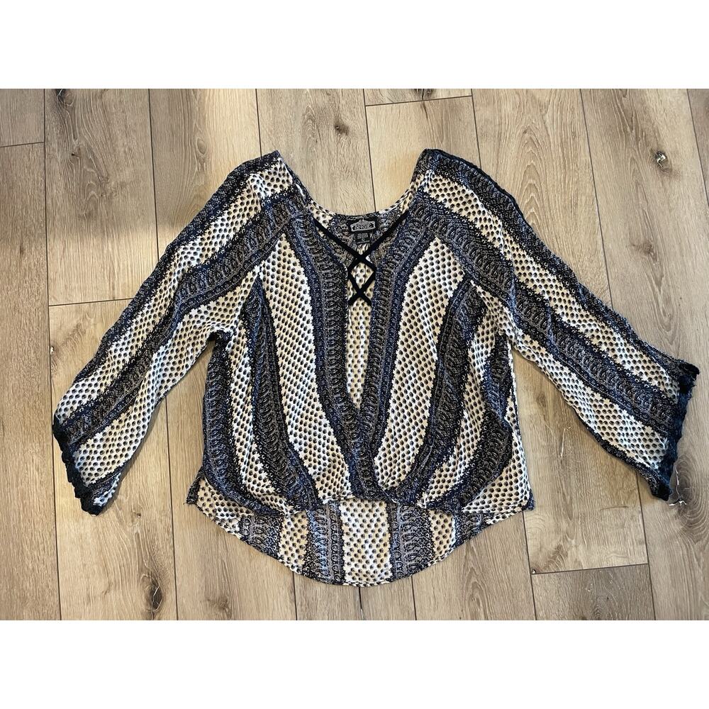 Angie Women’s Large Open Front Blouse 3/4 Flowy Sleeve Lace Detail Boho Festival